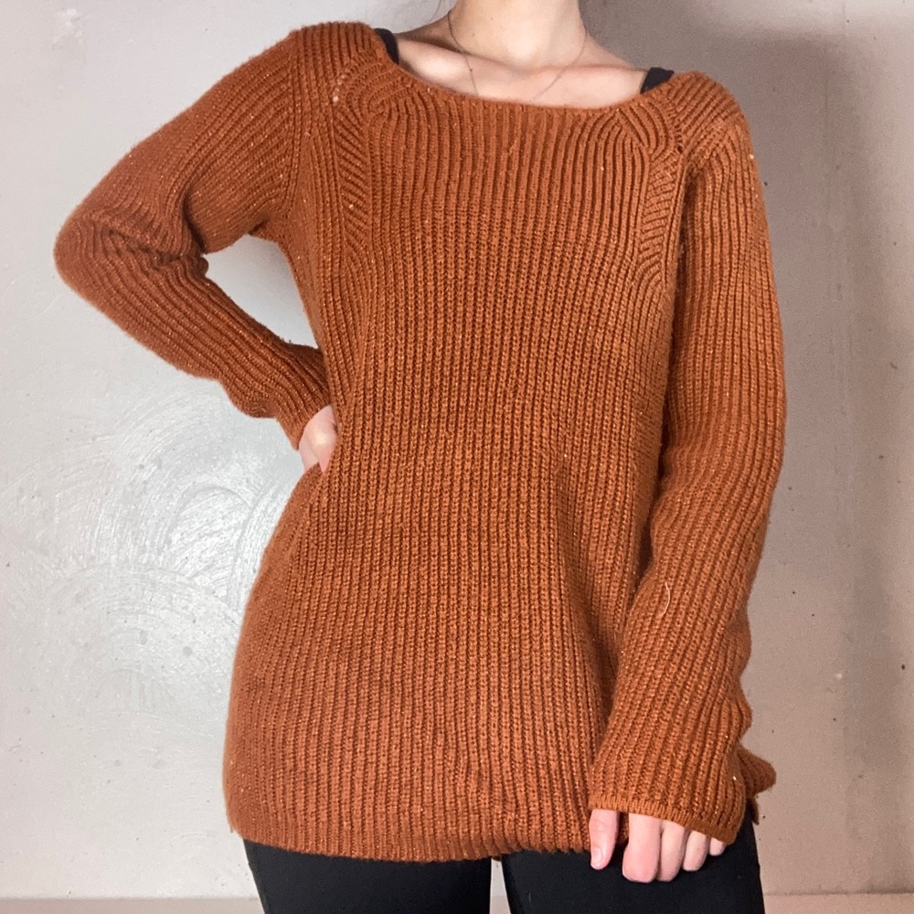 Deep Orange Knit Wide Neck Sparkly Sweater